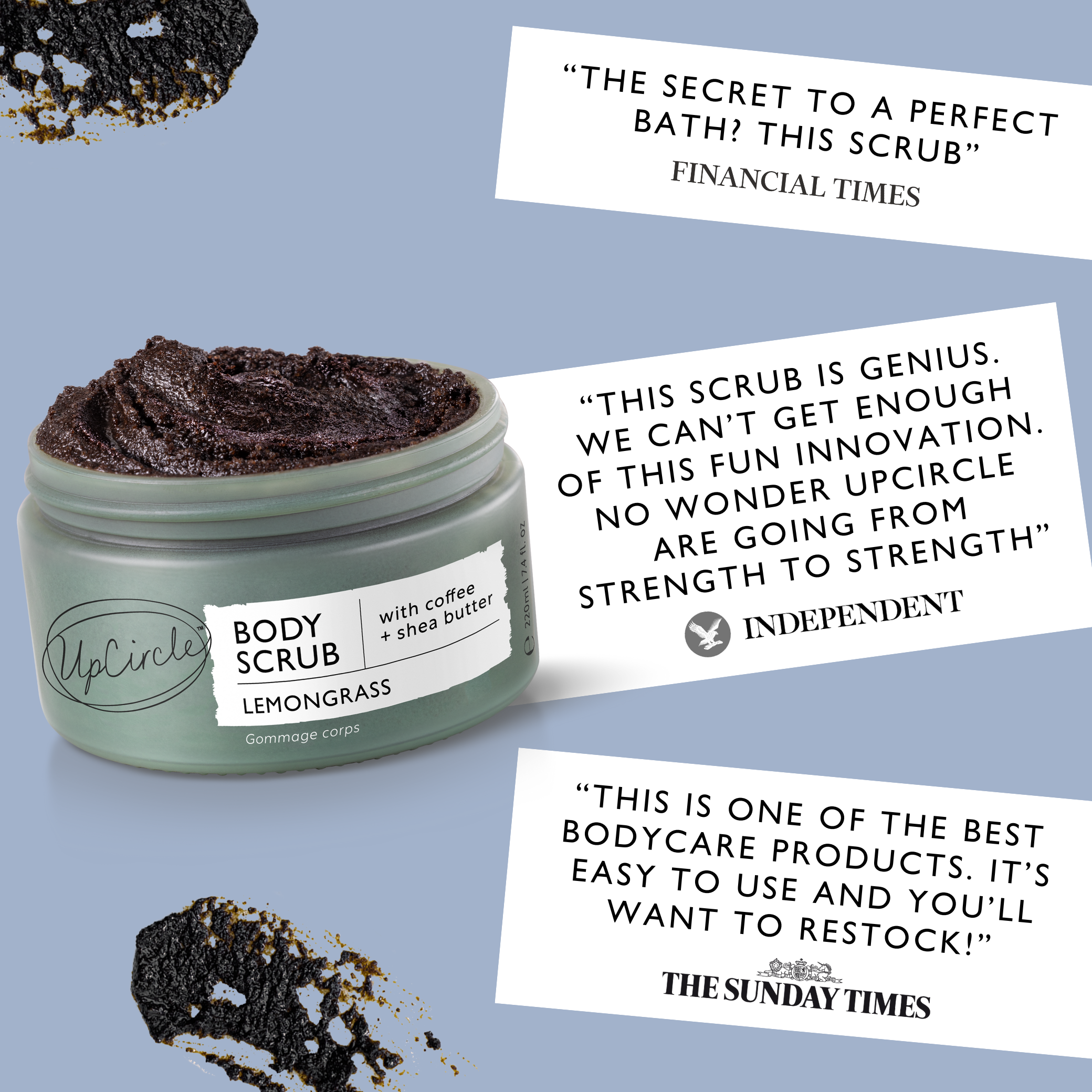 Jar of body scrub with positive reviews on a light blue background