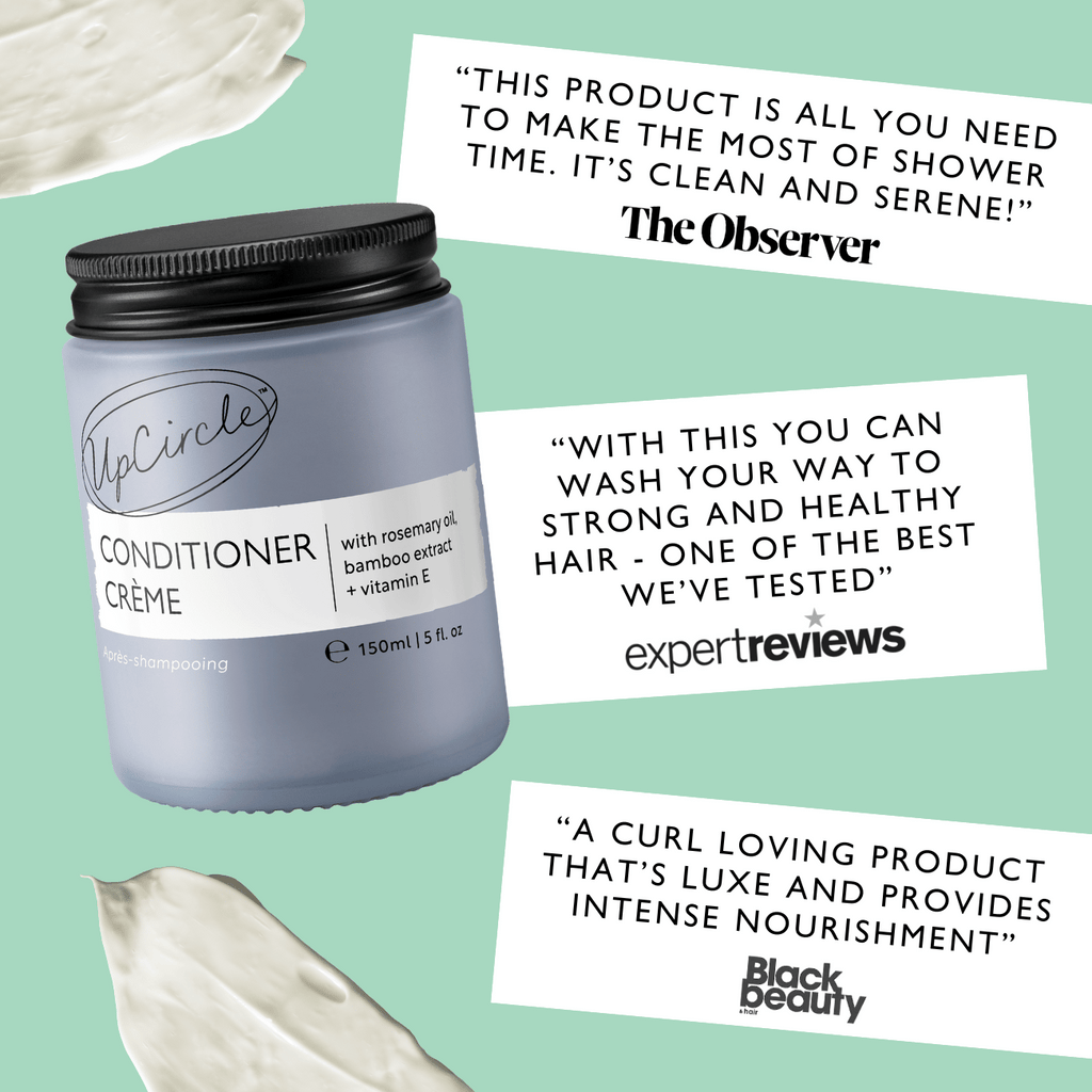 UpCircle Conditioner Crème jar with positive reviews on a light green background