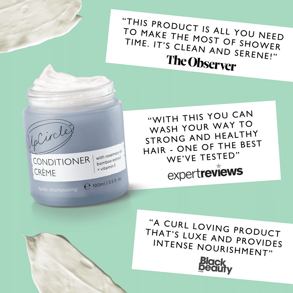 UpCircle Conditioner Crème jar with product reviews on a light green background