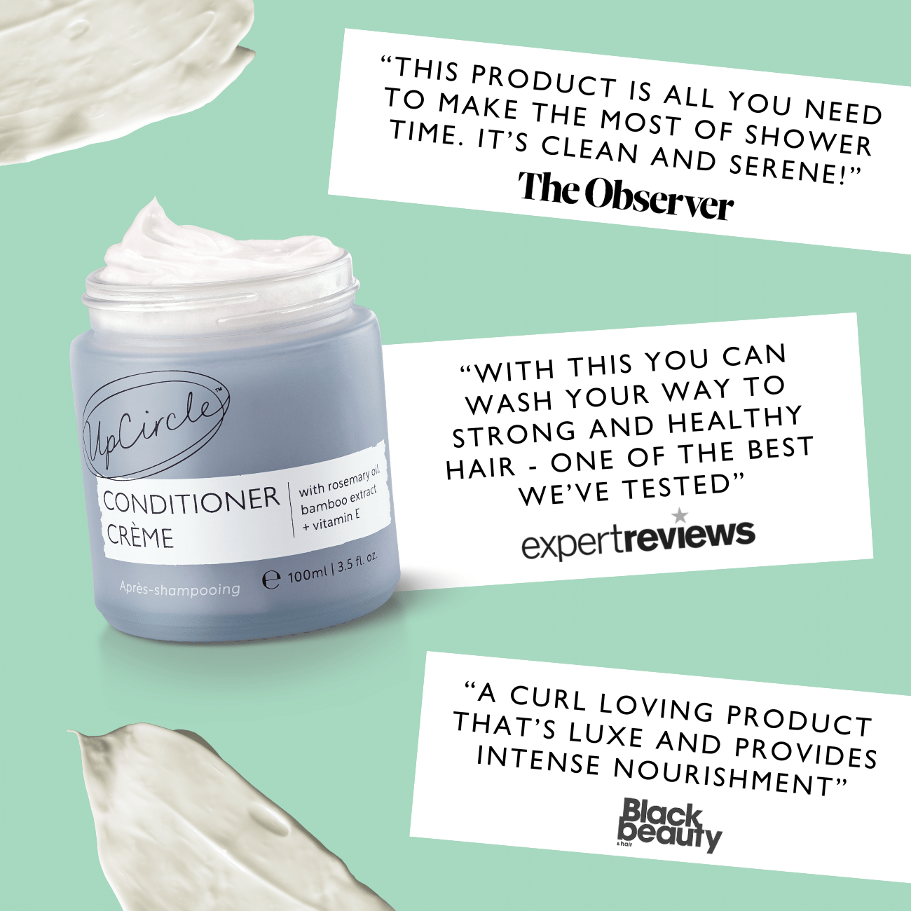 UpCircle Conditioner Crème jar with product reviews on a light green background