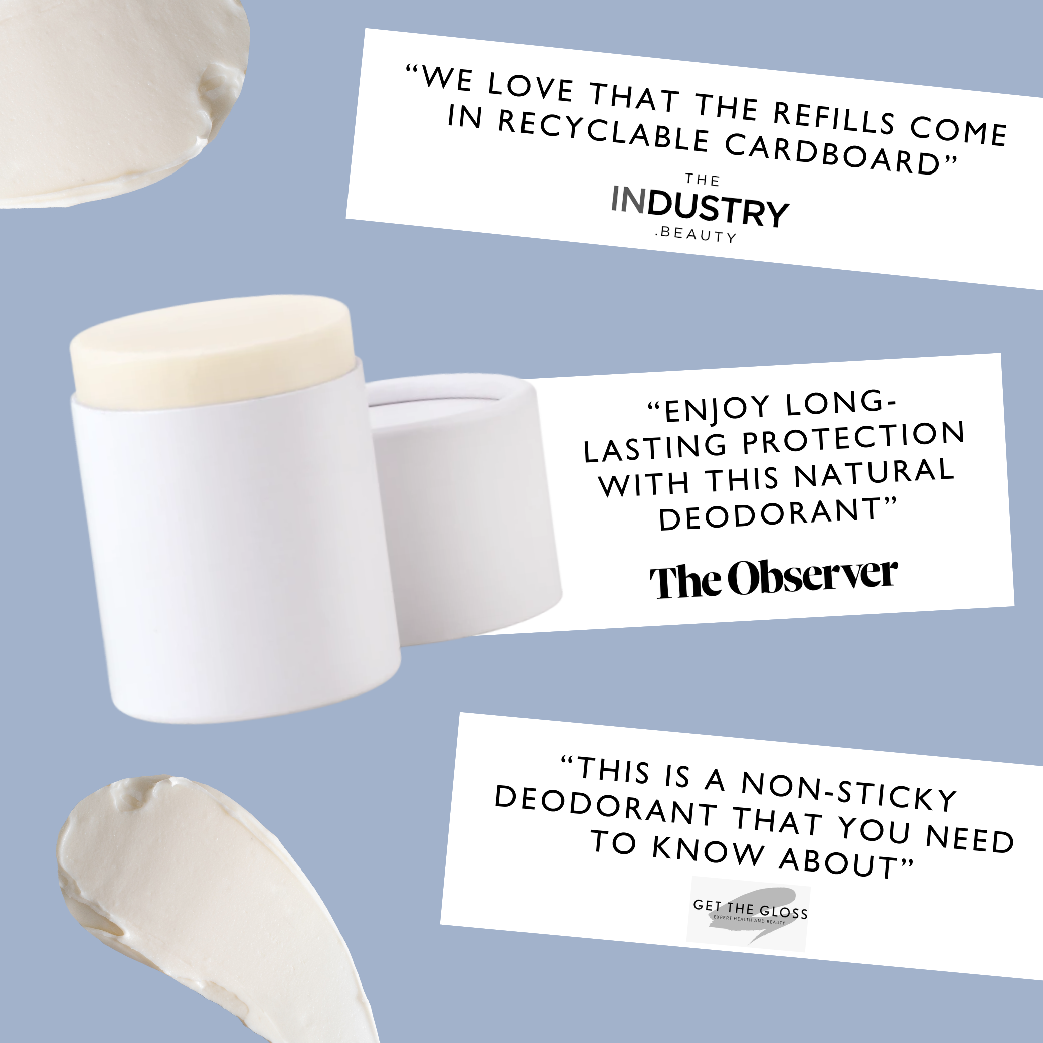White natural deodorant with text quotes on a light blue background