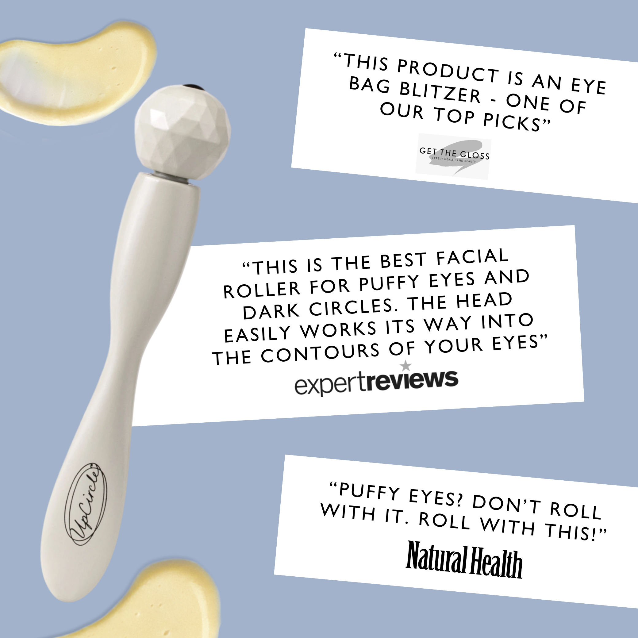 Eye roller with text highlighting its benefits on a light blue background