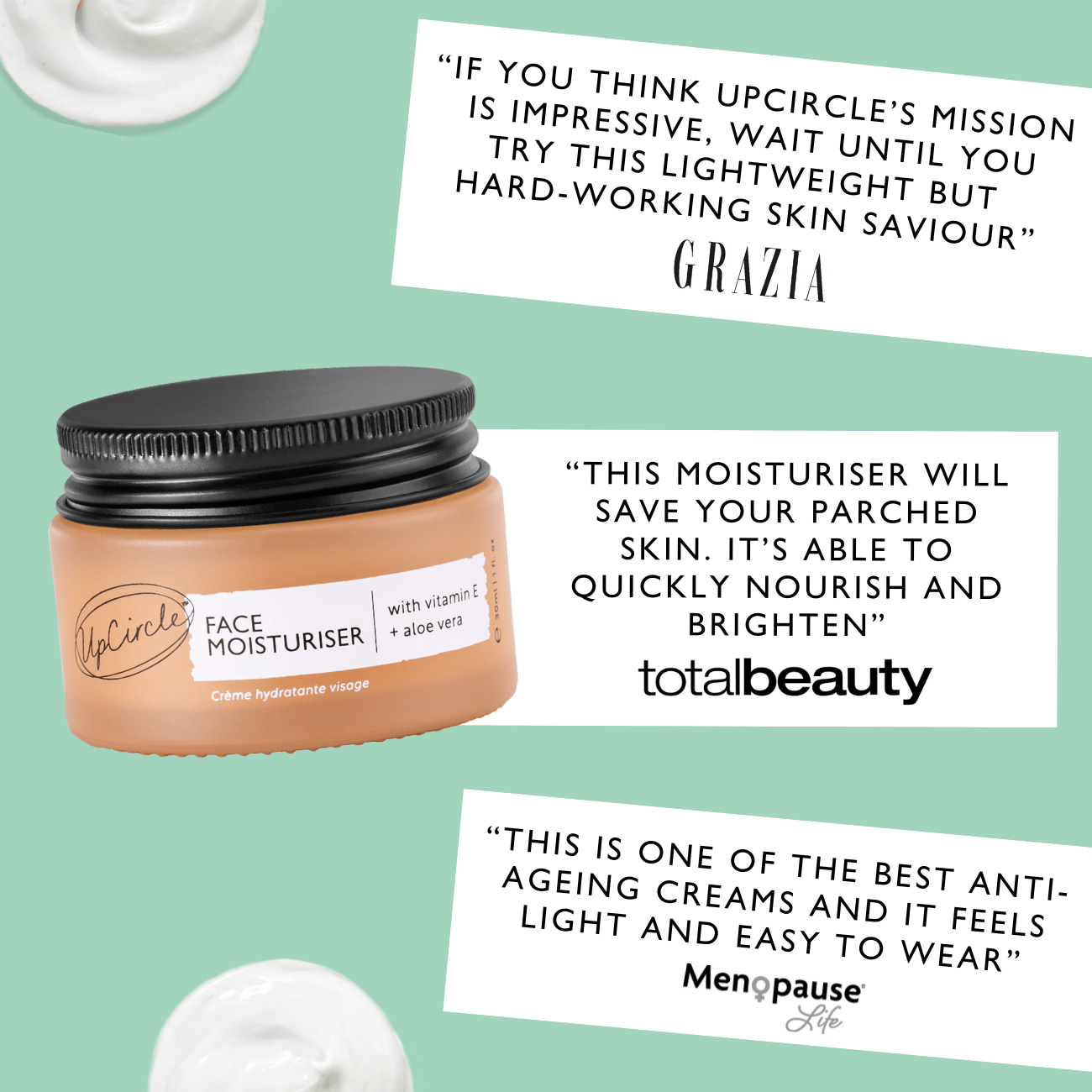 Jar of face moisturizer with product reviews on a green background