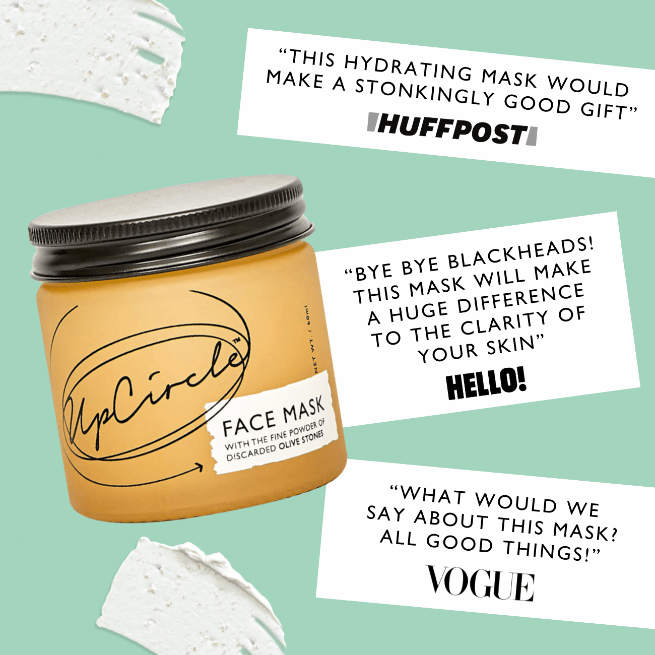 UpCircle face mask jar with product claims from HuffPost, Hello! Magazine, and Vogue on a light green background.
