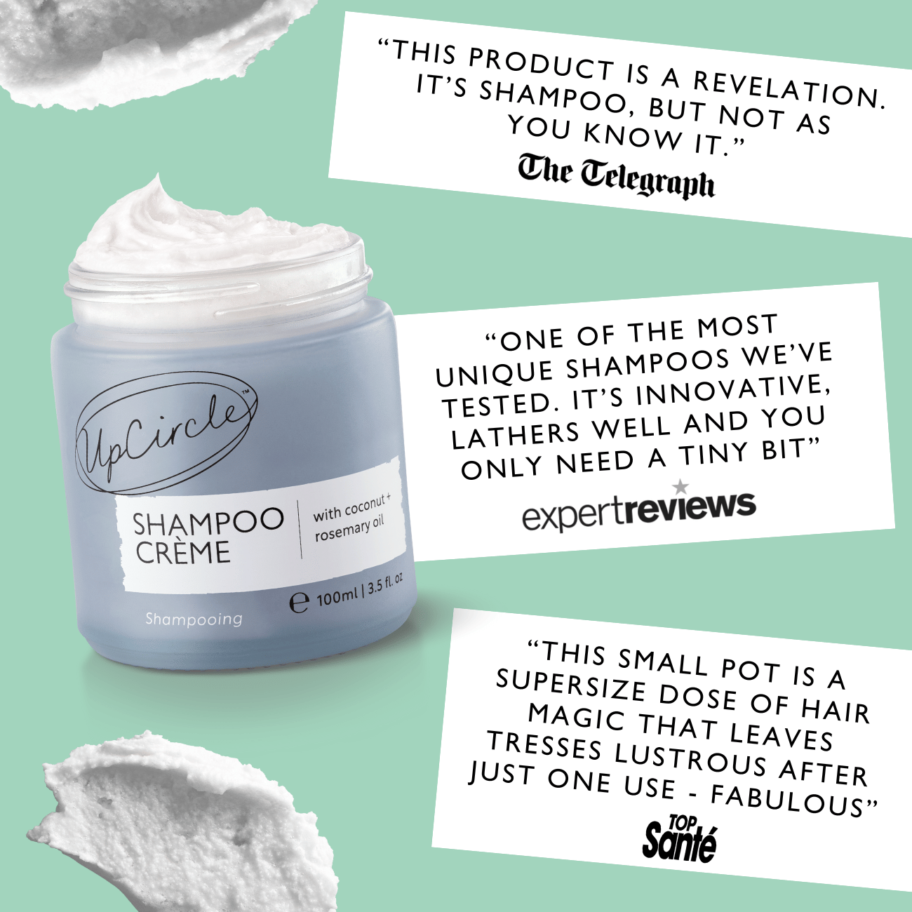 UpCircle Shampoo Crème jar with product descriptions on a light green background