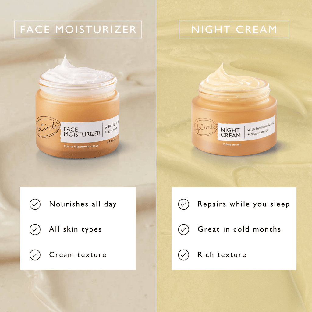 Two jars of face moisturizer and night cream with labels and text describing their benefits.