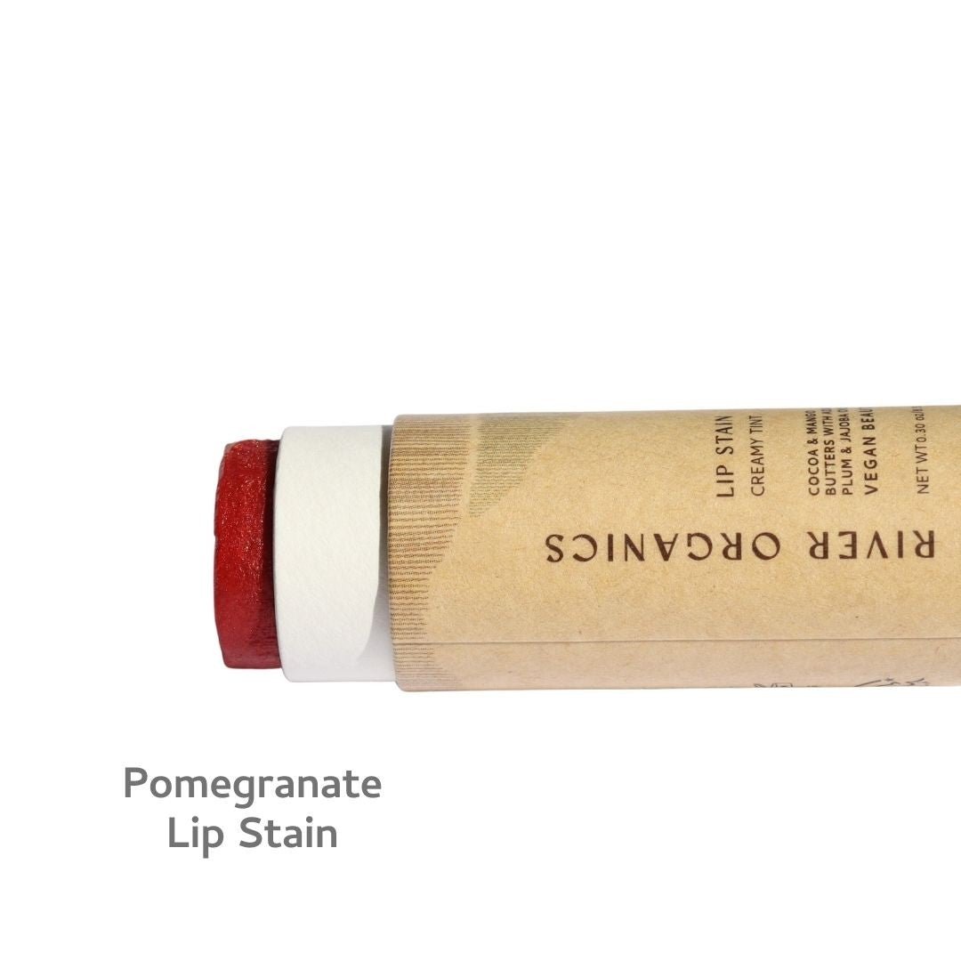 River Organics lip stain with red color swatch on a white background