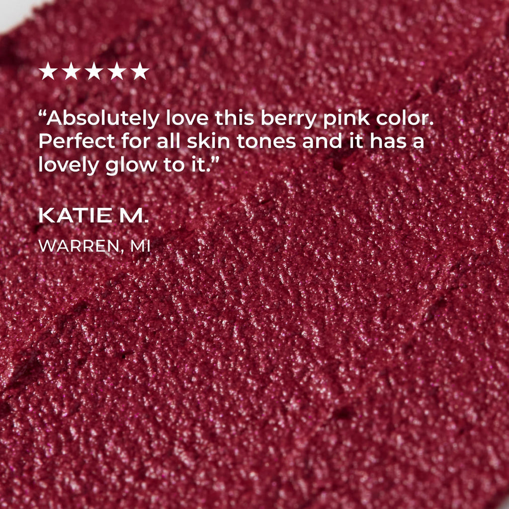 Close-up of a berry pink lipstick swatch with a five-star rating and customer review.