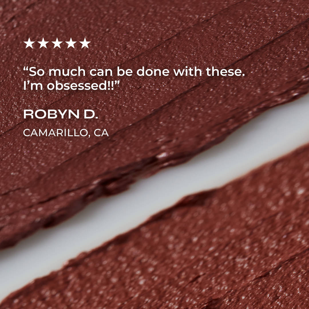 Close-up of brown makeup swatches with a five-star rating and review text.