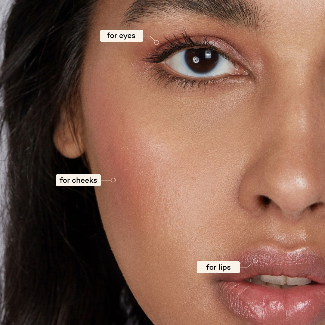 Close-up of a woman's face wearing makeup with labels for applying makeup to eyes, cheeks, and lips.