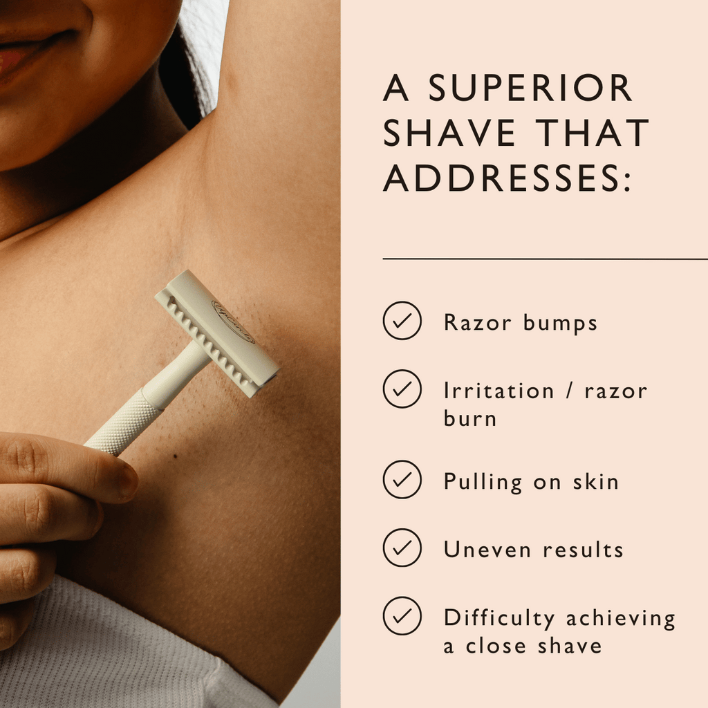 Person shaving arm with a razor, text highlighting shave benefits on a beige background