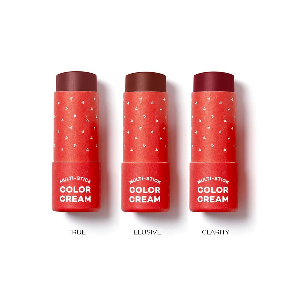 Three red 'Multi-Stick Color Cream' tubes on a white background