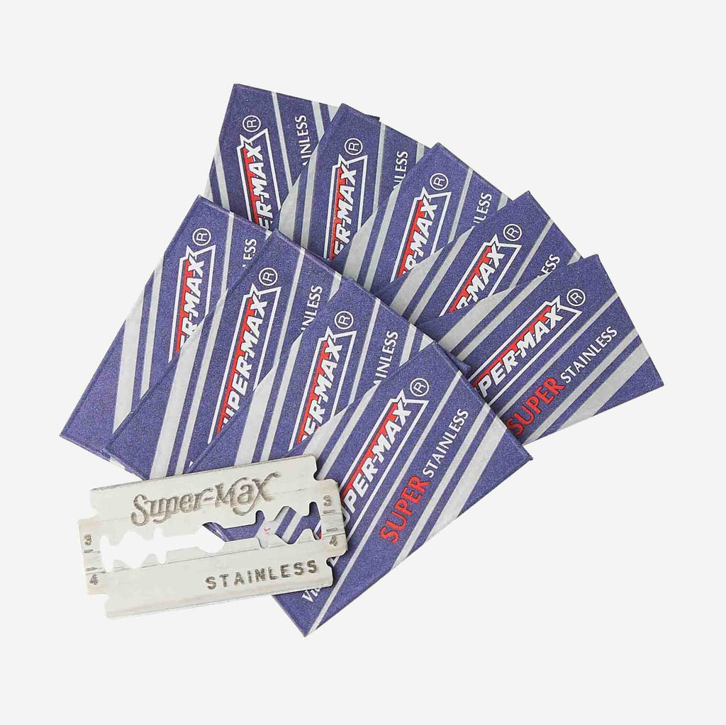 Super-Max stainless steel razor blades in packaging on a white background