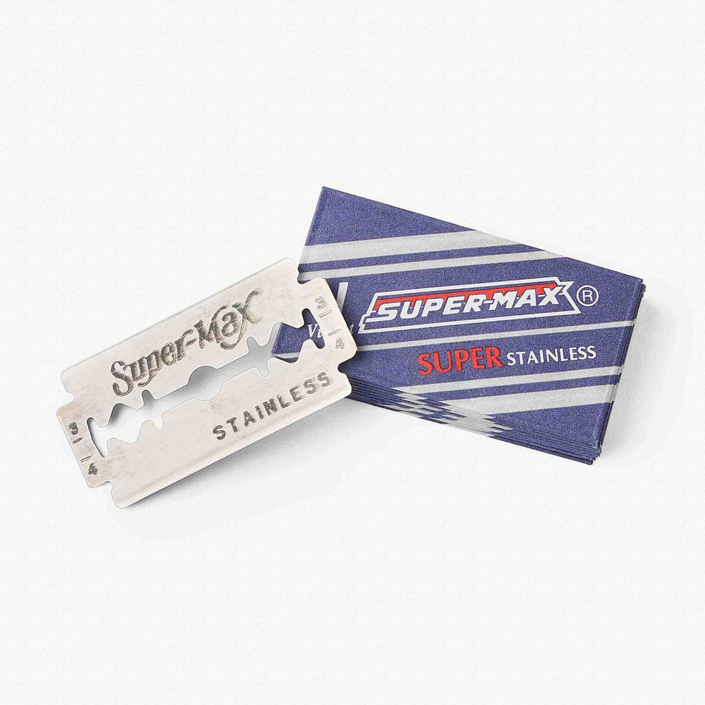 Super Max stainless steel razor blade with packaging on a white background