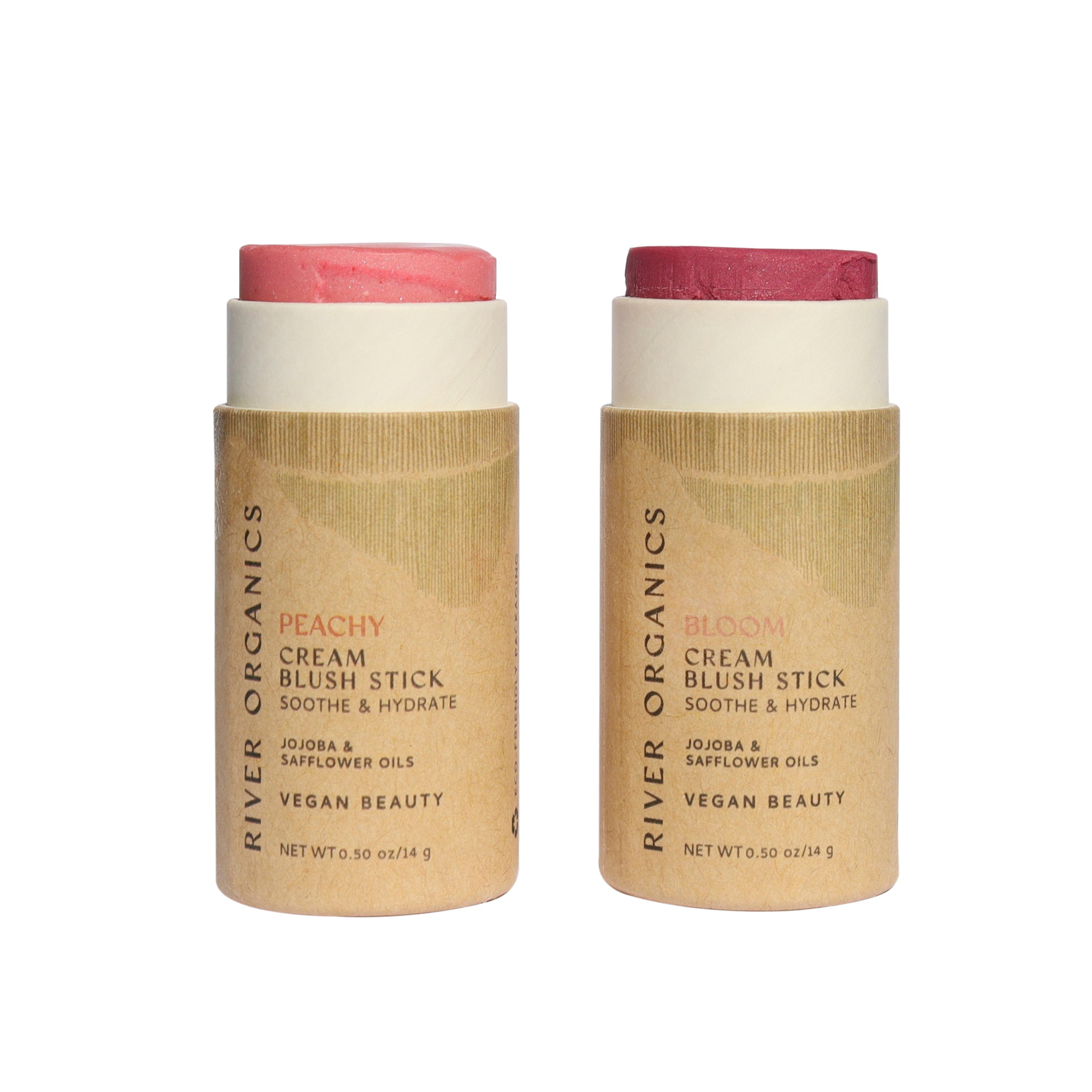 Two cream blush sticks in paper tubes on a white background, labeled 'River Organics'.