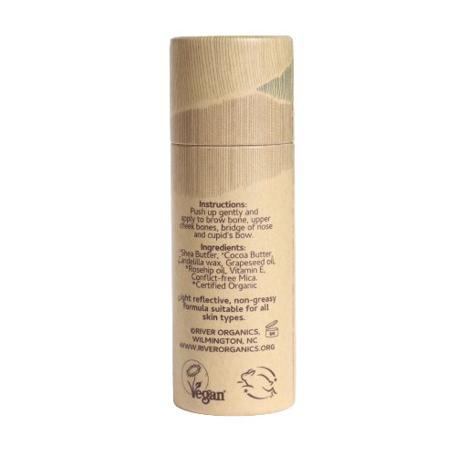 Highlighter tube with ingredients list on packaging on a white background