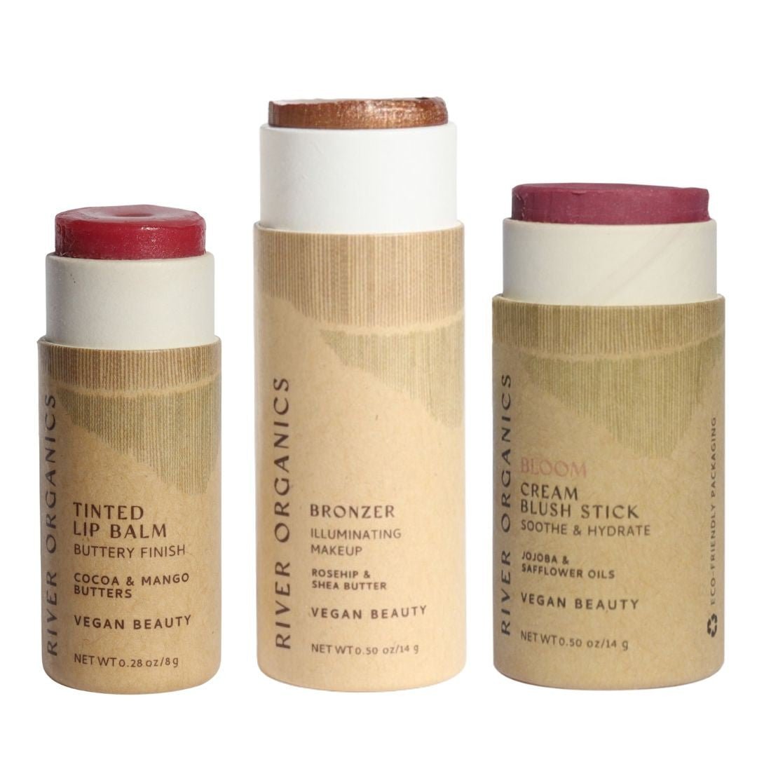 Three River Organics makeup products on a white background