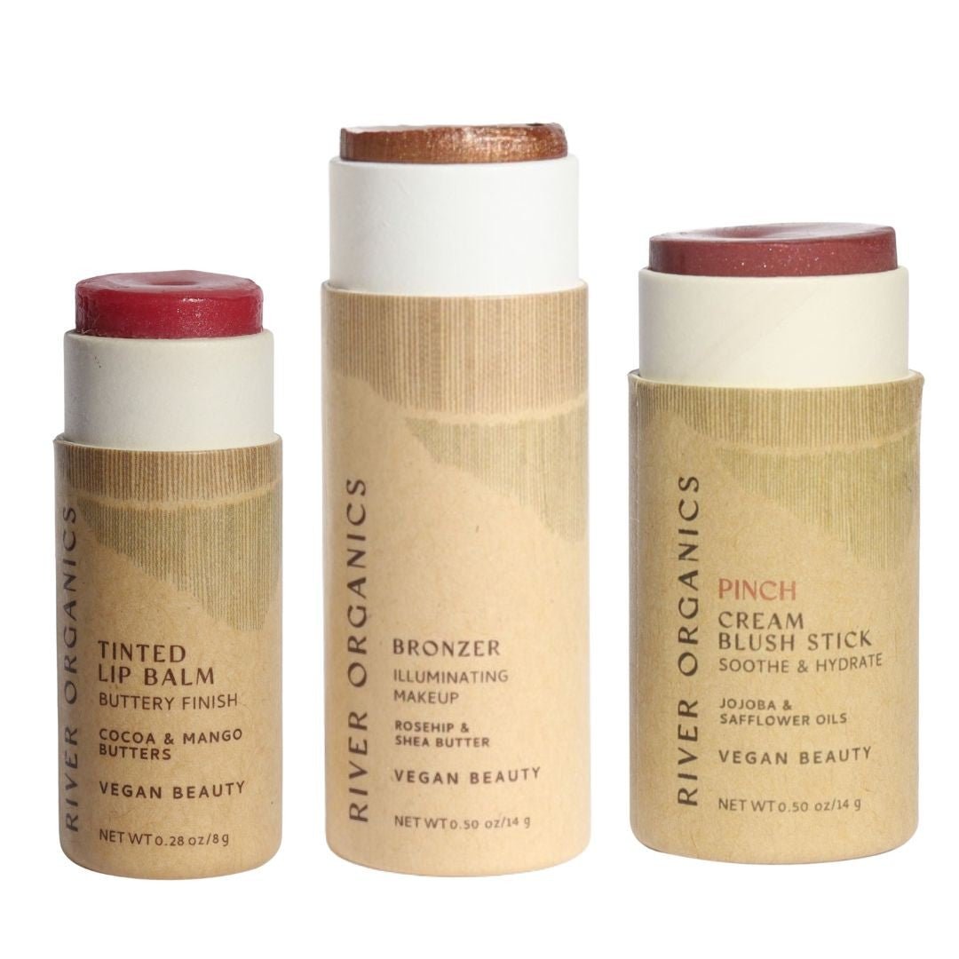 Three River Organics makeup products on a white background