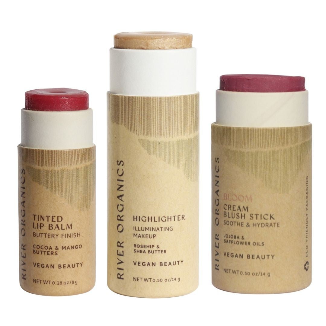 Three River Organics makeup products on a white background