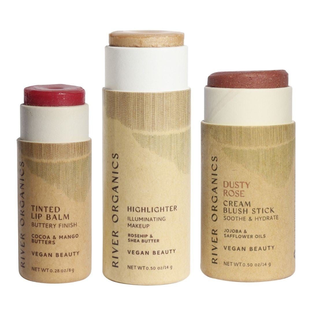 Three River Organics makeup products on a white background