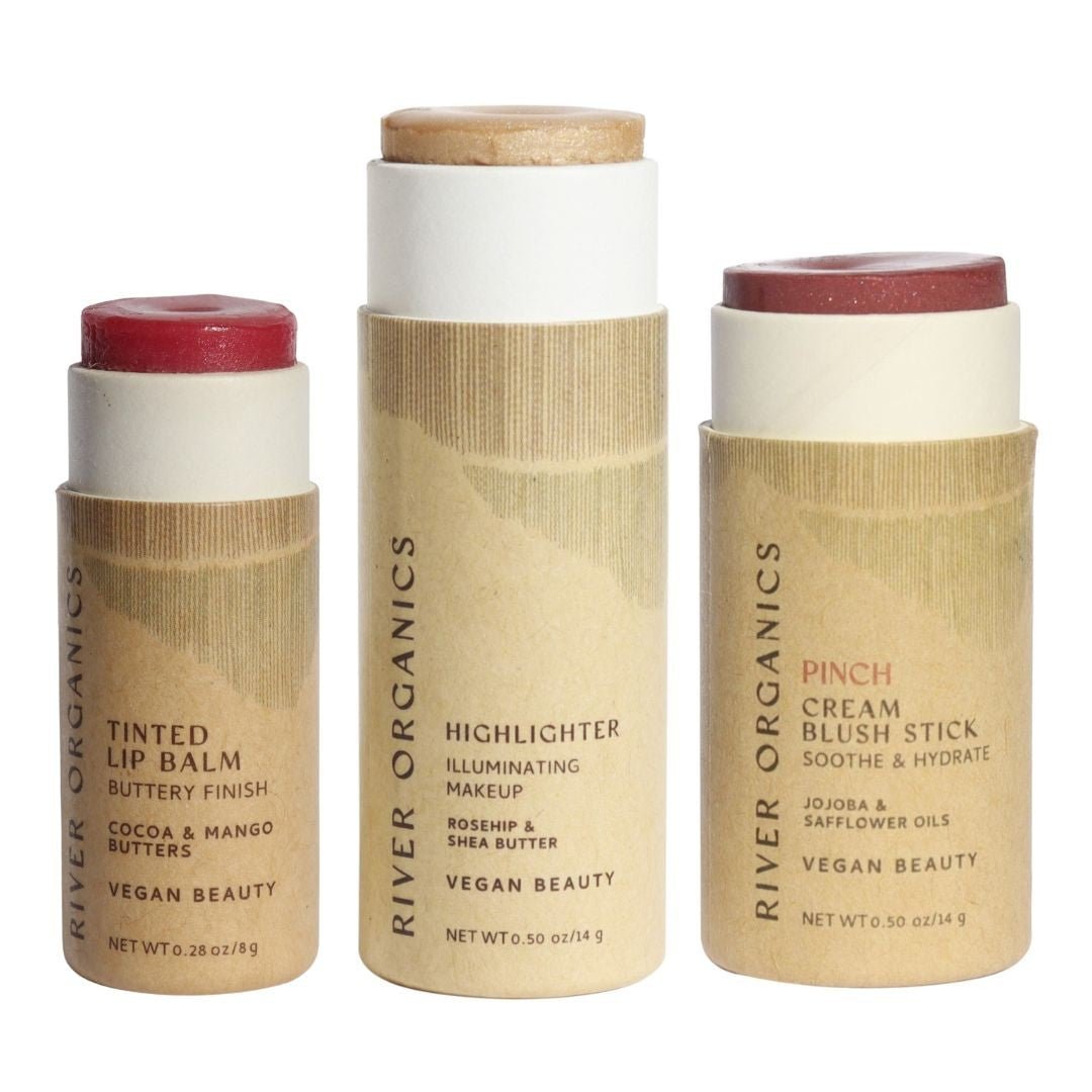 Three River Organics makeup products on a white background