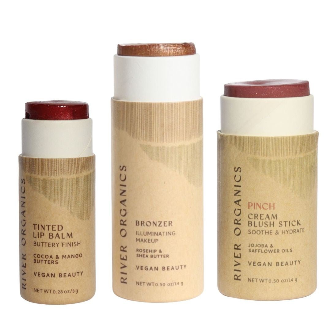 Three River Organics makeup products on a white background