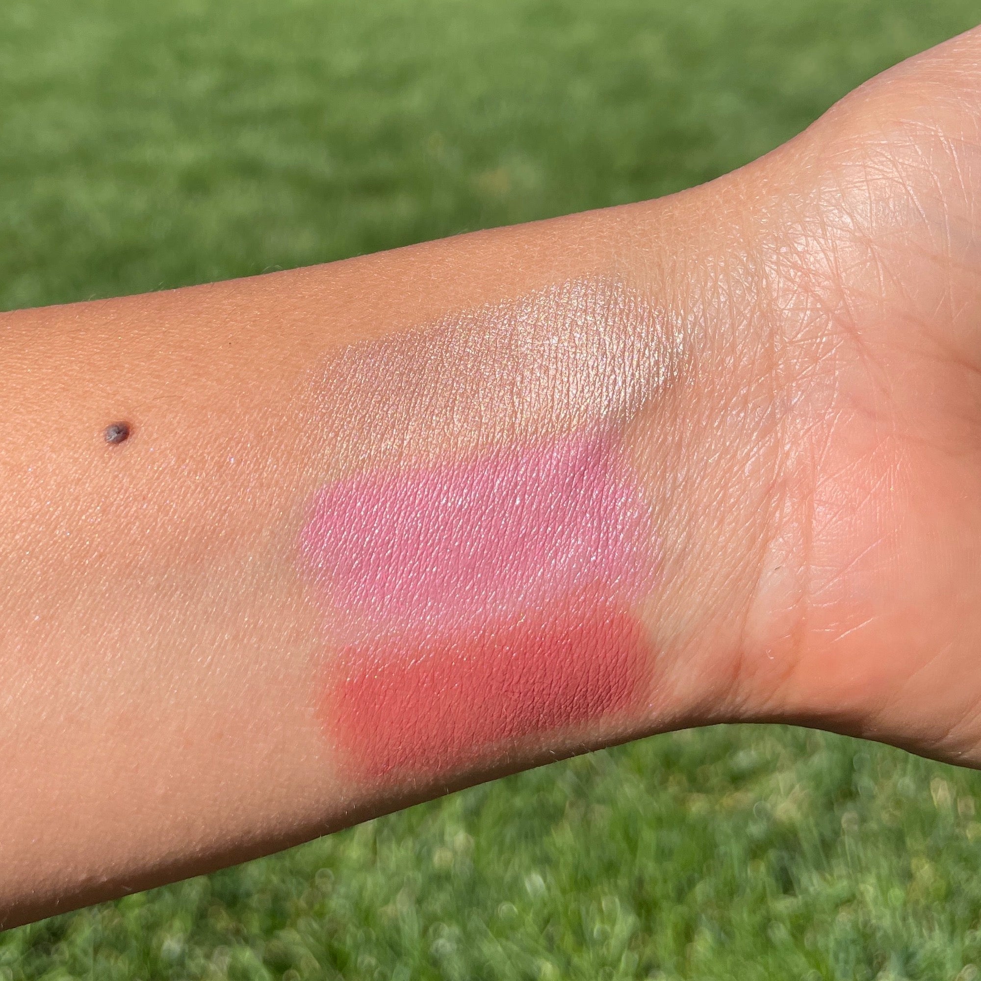 Swatches of pink and red makeup on a person's arm with a grassy background