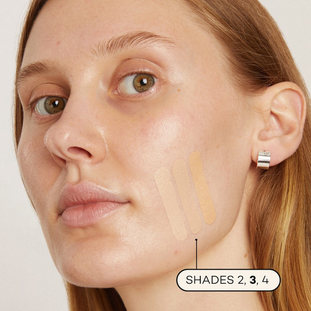 Close-up of a woman's face with foundation swatches on her cheek, labeled 'Shades 2, 3, 4'.