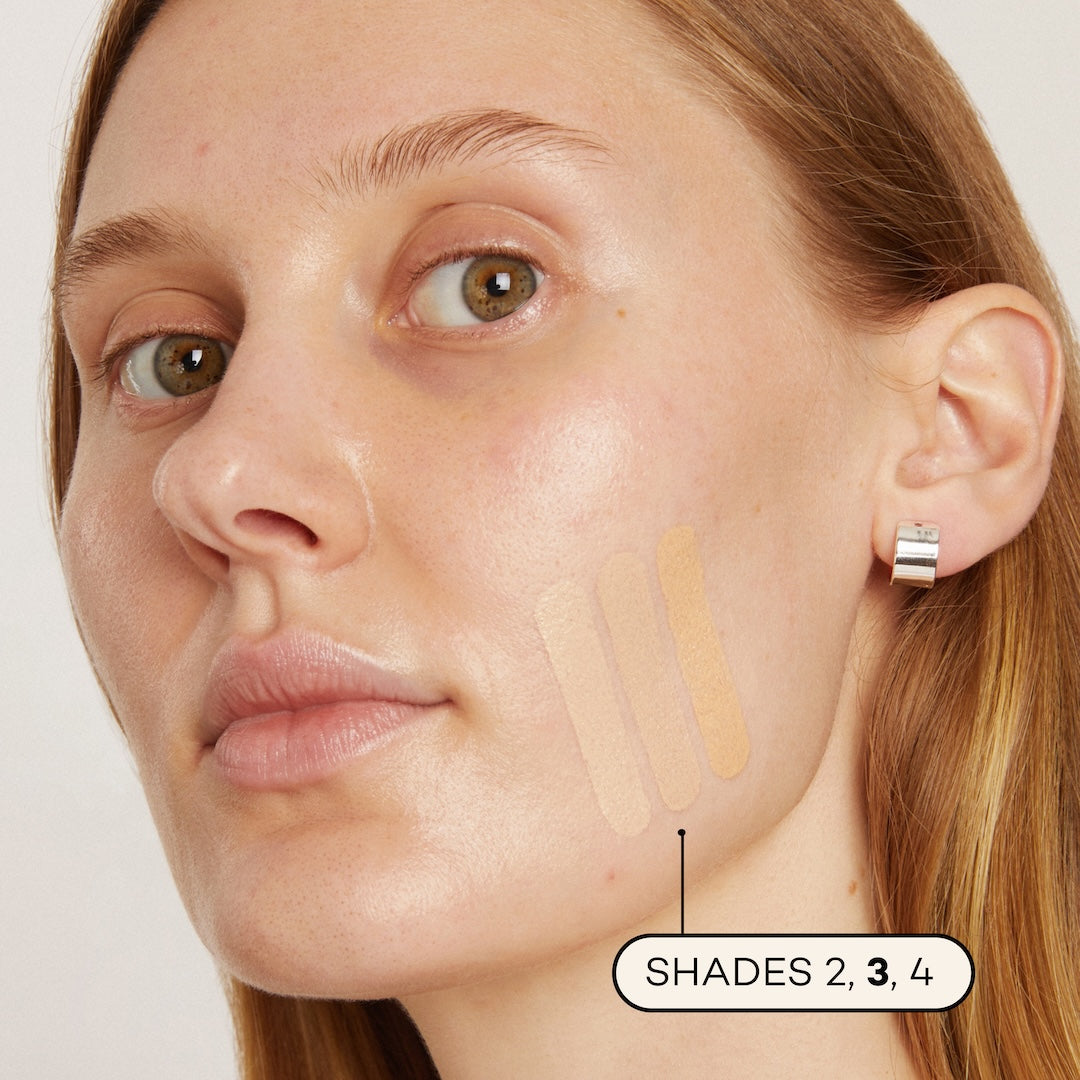 Close-up of a woman's face with foundation swatches on her cheek, labeled 'Shades 2, 3, 4'.