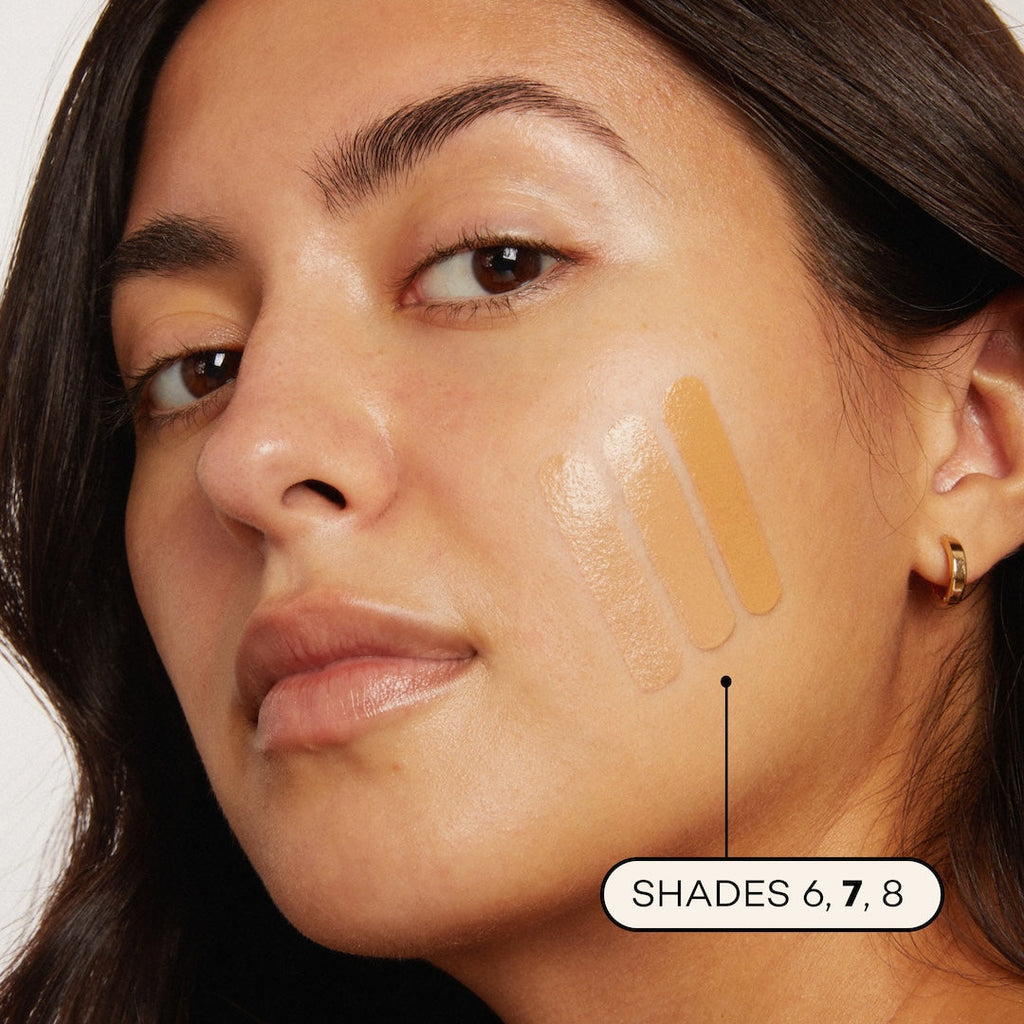 Close-up of a woman's face with foundation swatches on her cheek, labeled 'Shades '6, 7, 8'