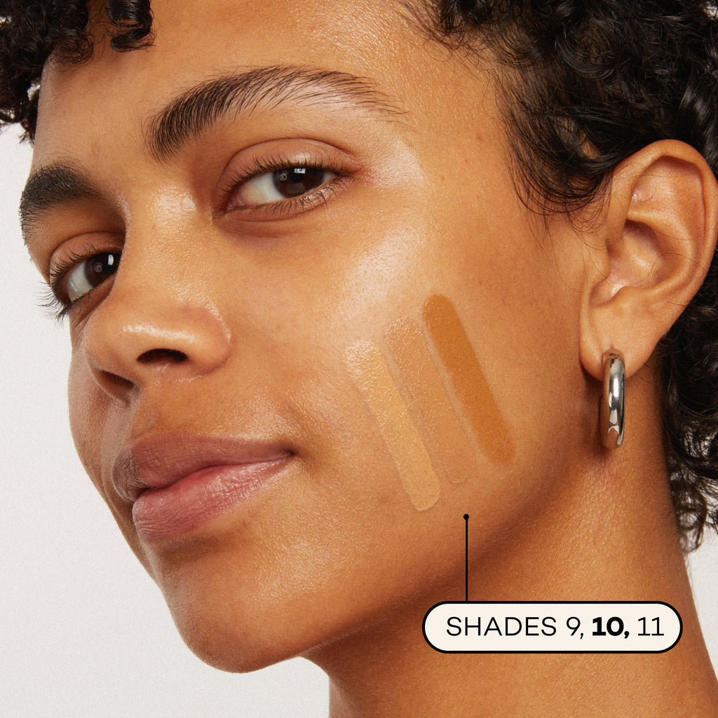 Close-up of a person's face with foundation swatches on the cheek, labeled with 'SHADES 9, 10, 11'.