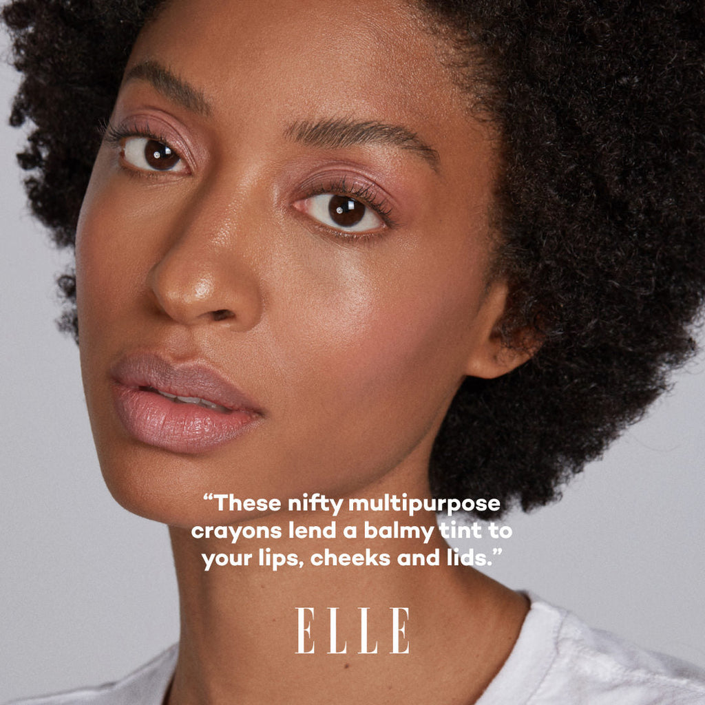 Woman with makeup product description and 'ELLE' branding