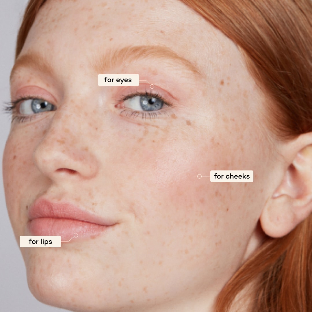 Close-up of a person's face with annotations for eye, cheek, and lip makeup application areas.