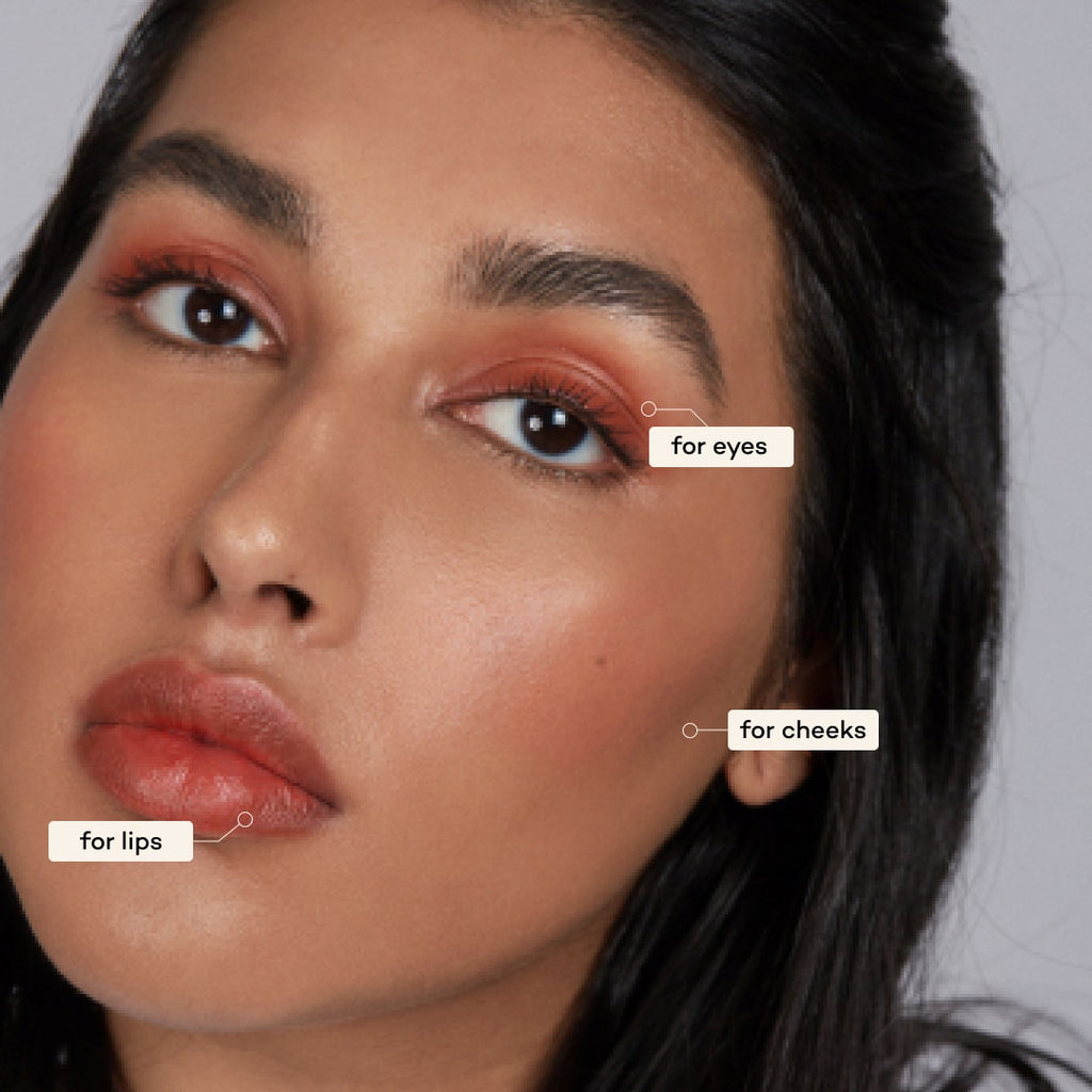 Close-up of a woman's face with makeup application points labeled.