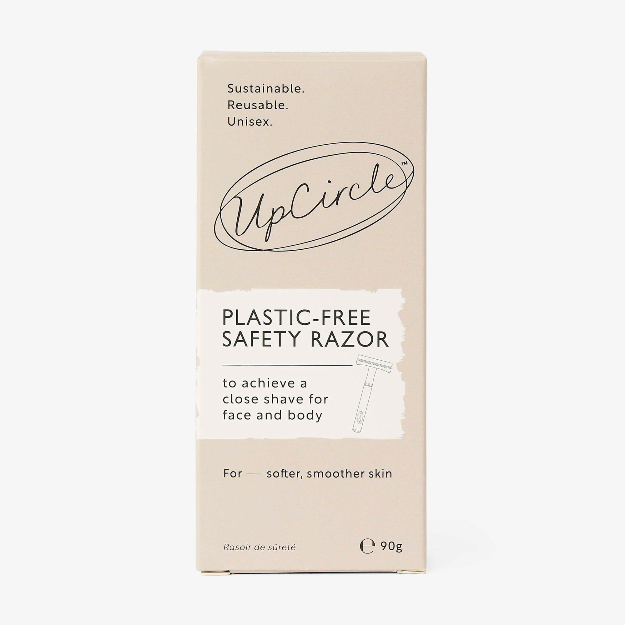 UpCircle plastic-free safety razor packaging on a white background