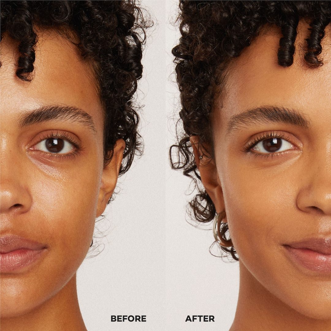Before and after comparison of a woman's face with foundation on a plain background