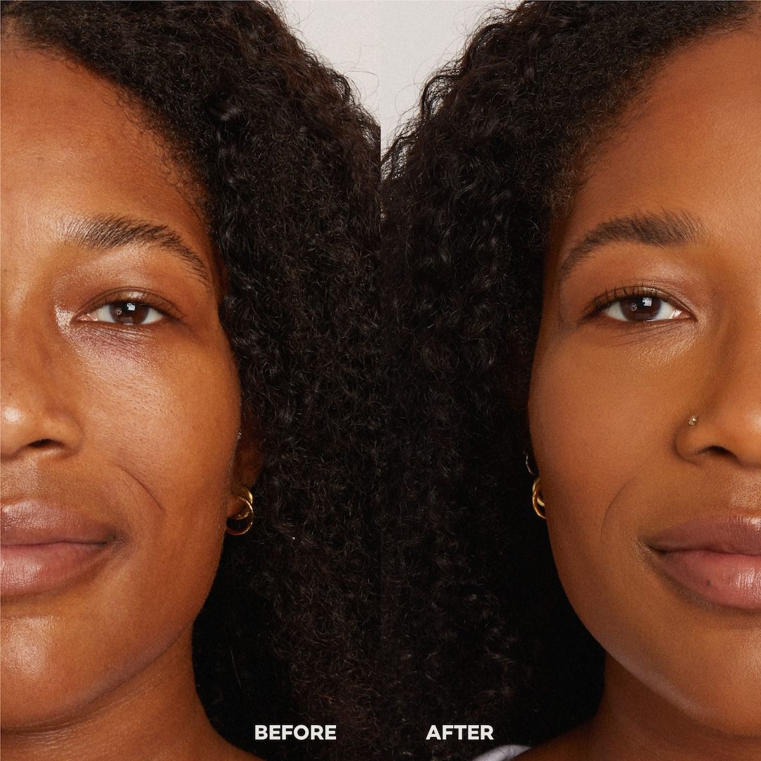 Before and after comparison of a woman's foundation, with 'Before' on the left and 'After' on the right.