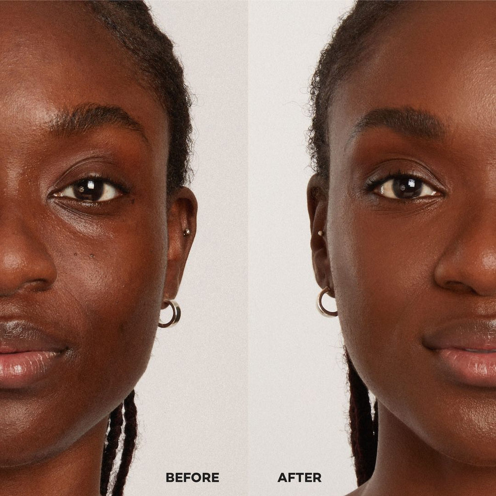 Before and after foundation comparison of a woman's face with 'Before' on the left and 'After' on the right.