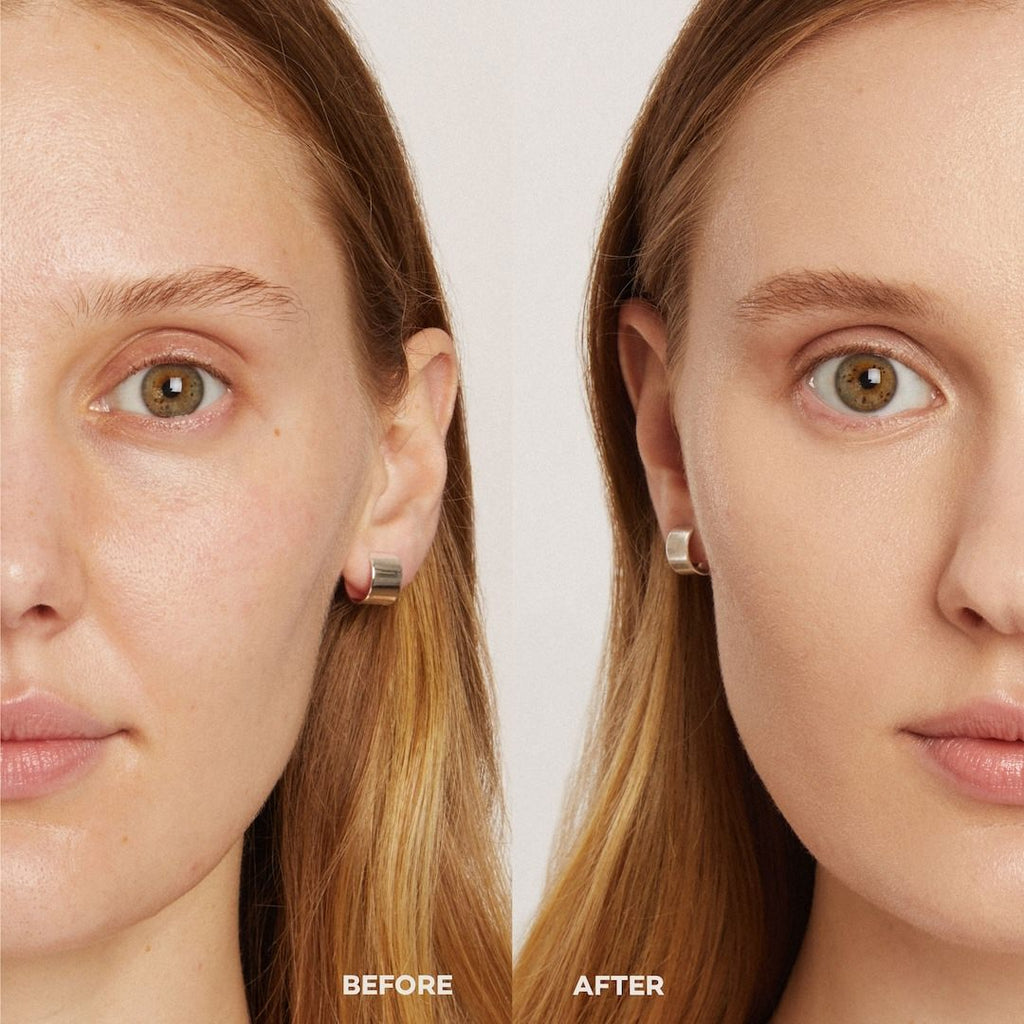Before and after comparison of a woman's face with visible foundation changes.