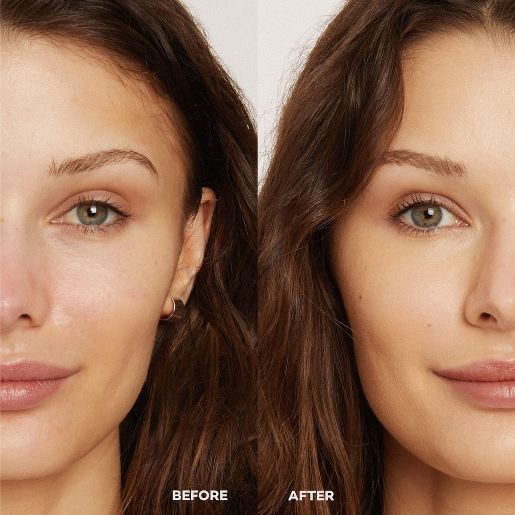 Before and after comparison of a woman's face with foundation.