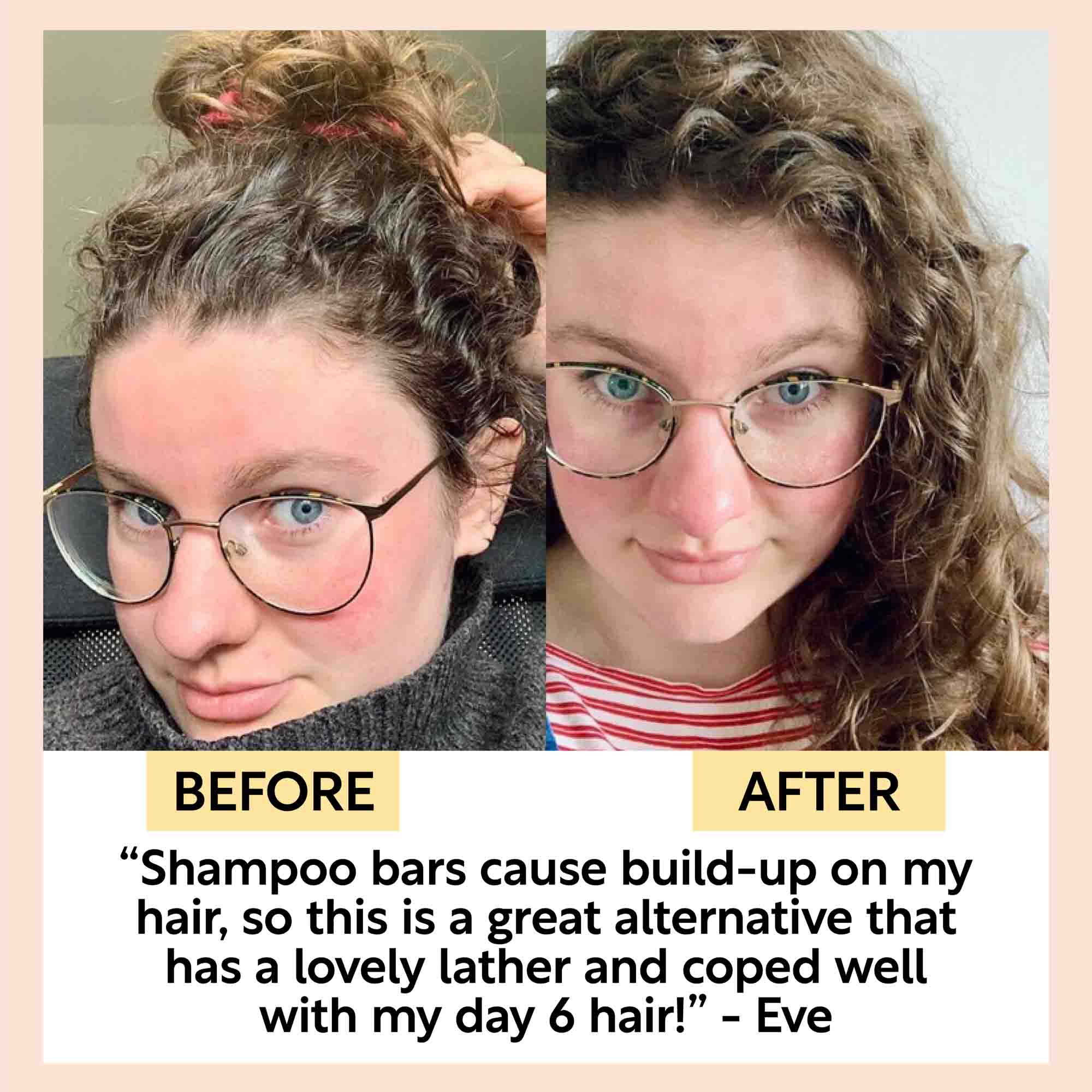 Before and after comparison of hair care with text