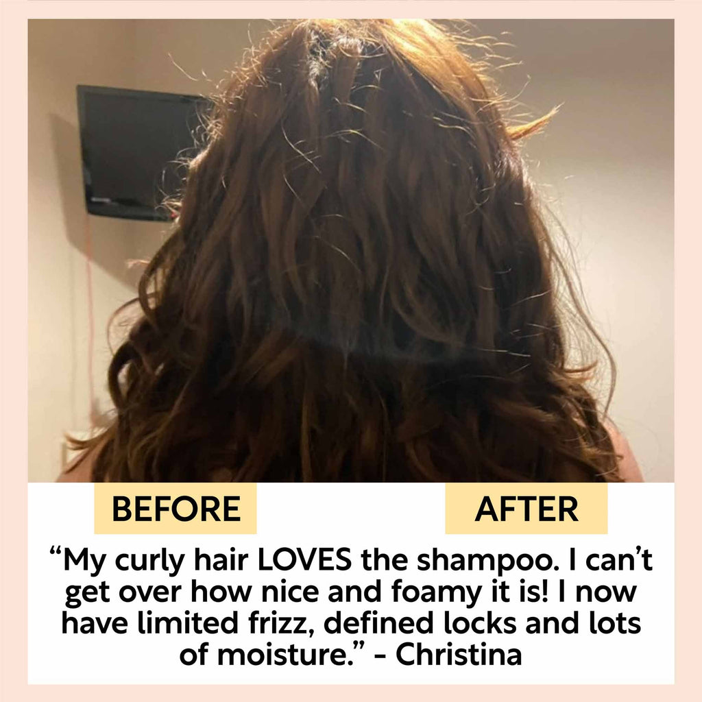 Before and after comparison of curly hair with text overlay and quote from Christina.