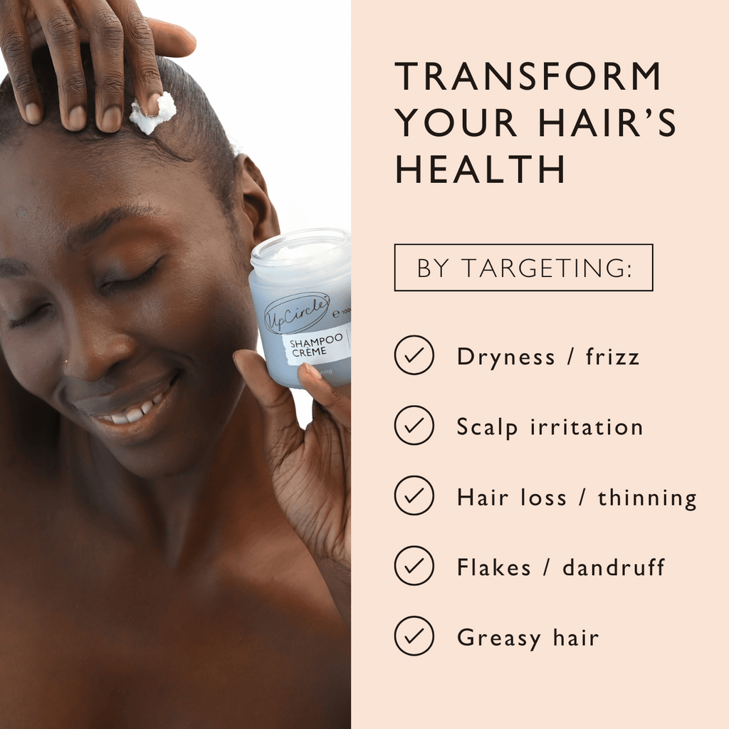 Person applying a product to their hair with text about hair care benefits.
