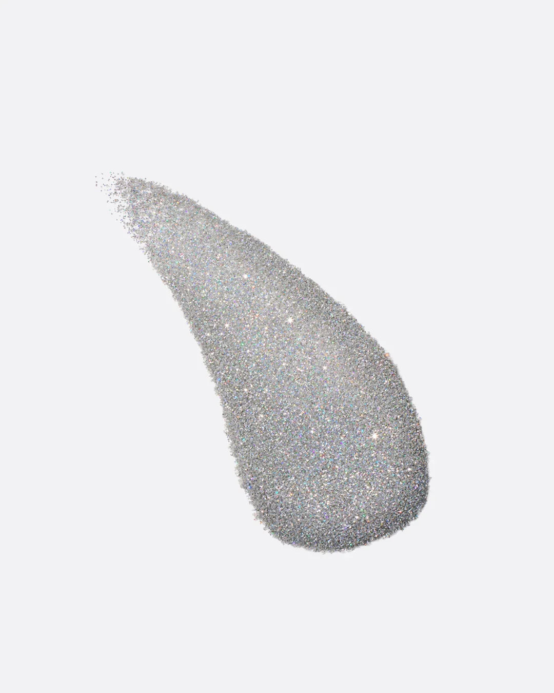 Silver glittery makeup product smear on a light gray background