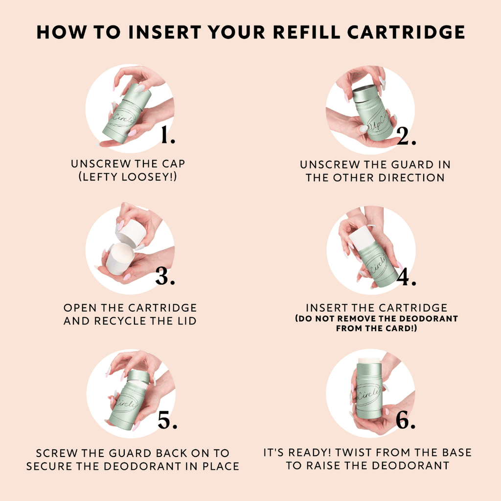 Step-by-step guide on how to insert a refill cartridge for a deodorant product.