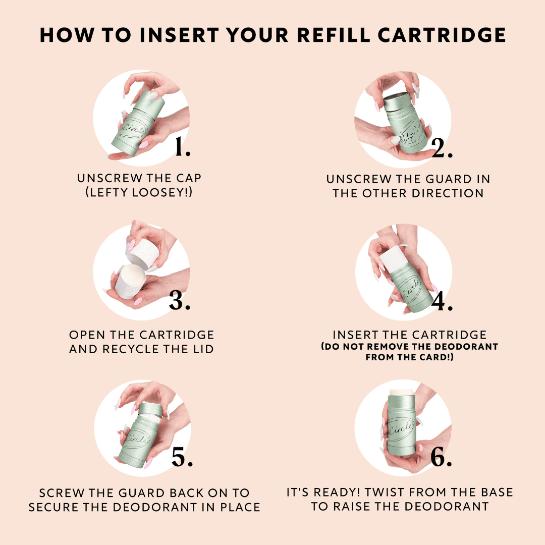 Step-by-step guide on how to insert a refill cartridge for a deodorant product.
