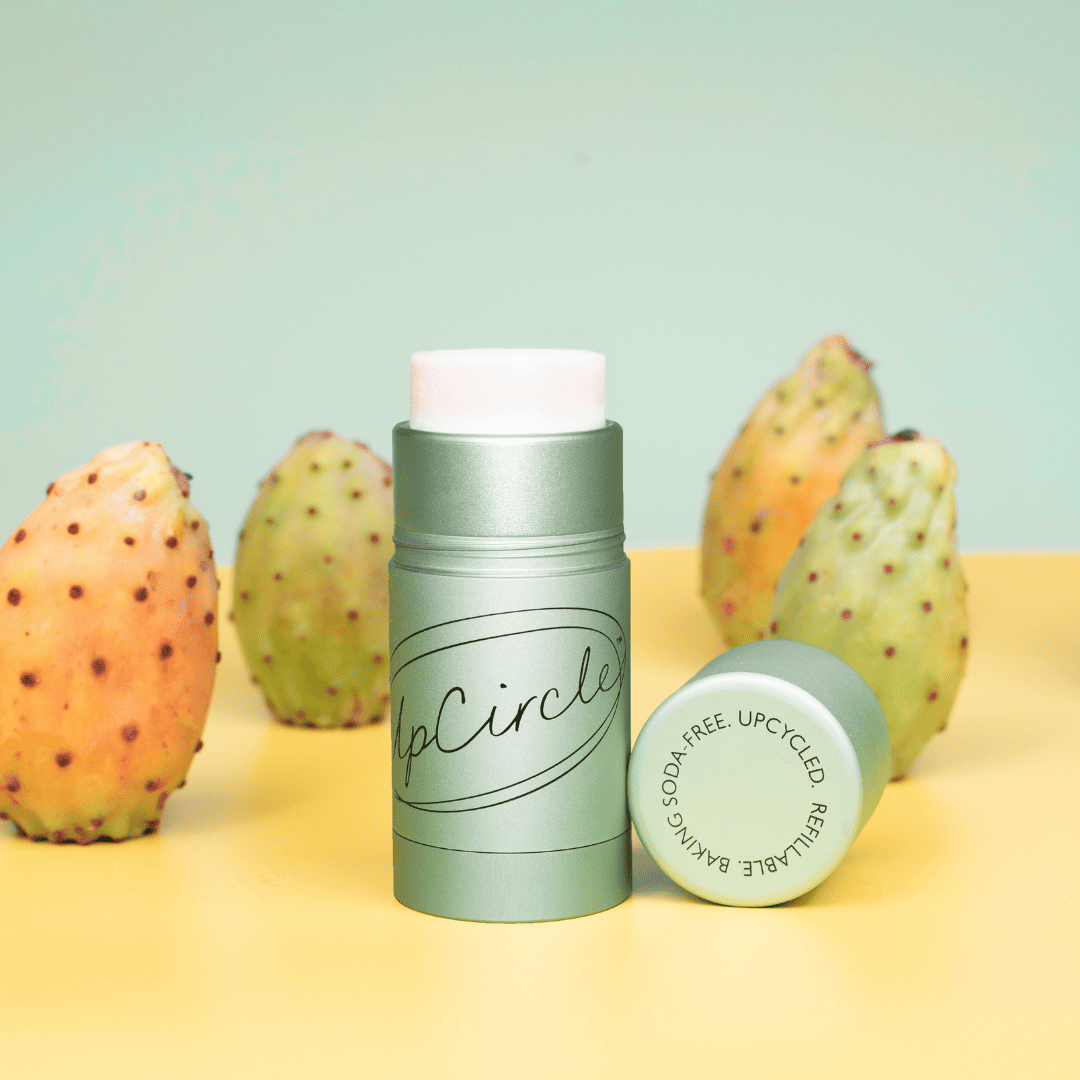 UpCircle deodorant container with cactus fruits on a yellow surface and light green background