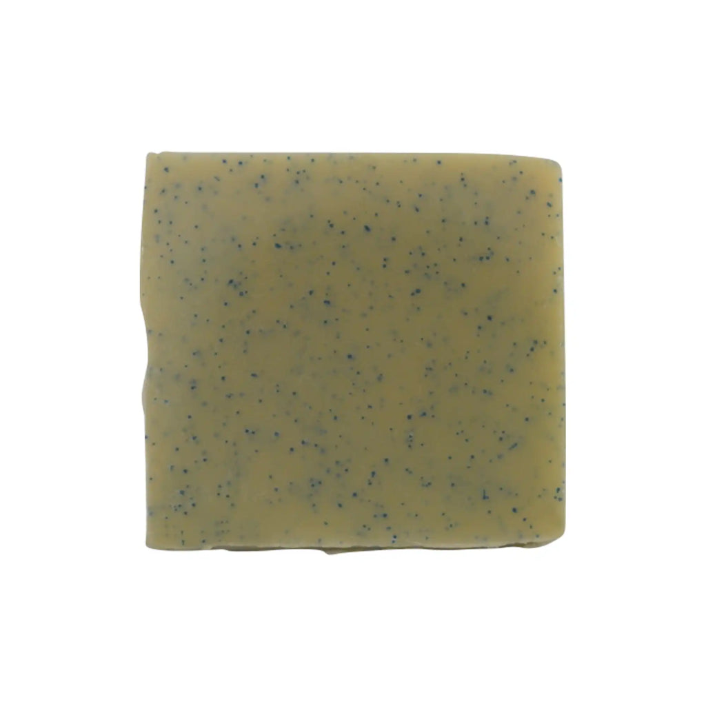 Light green soap bar with blue specks on a white background