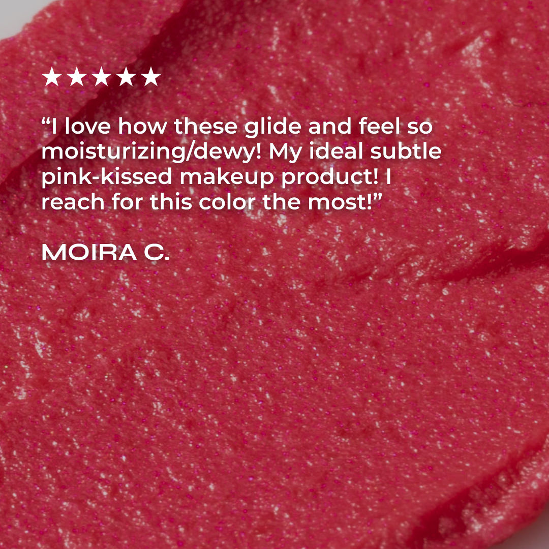 Close-up of pink makeup product with a review quote from Moira C.