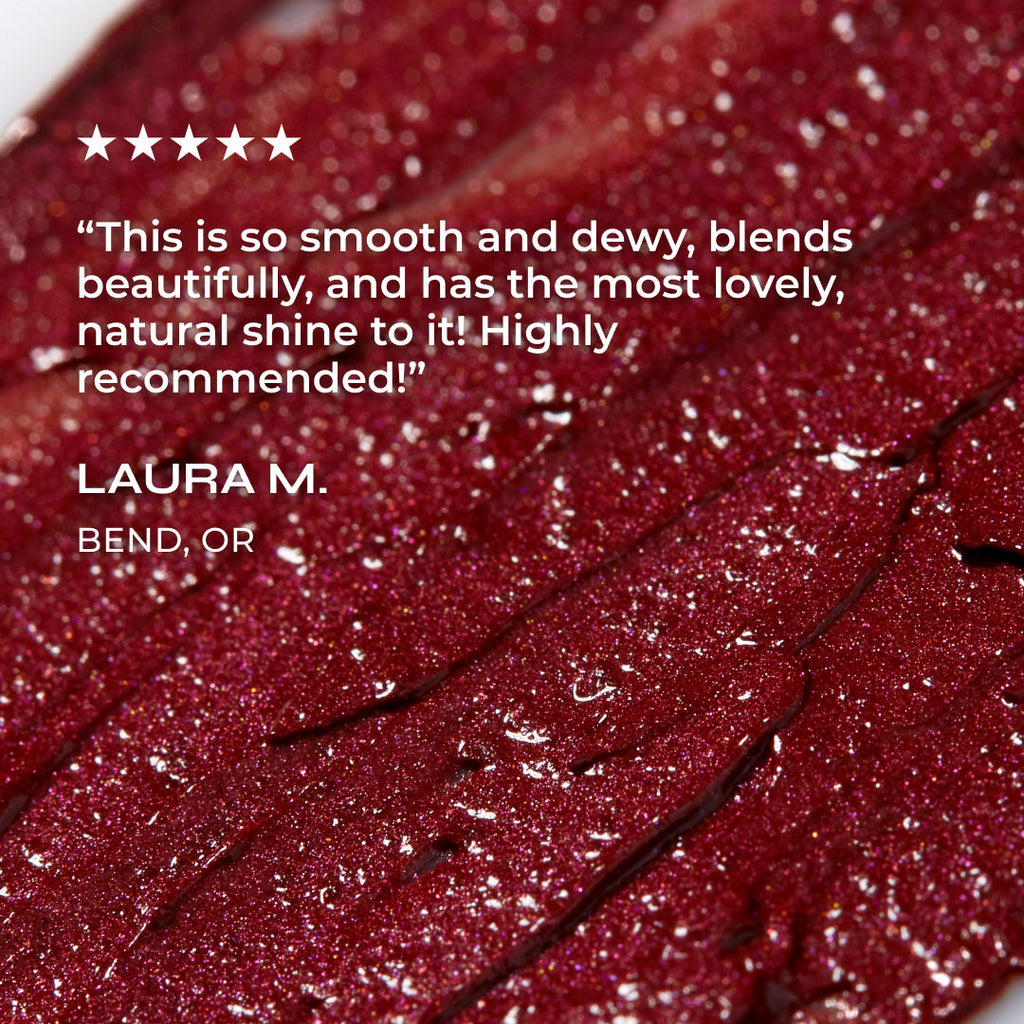 Close-up of a red glittery product with a five-star rating and review text overlay.